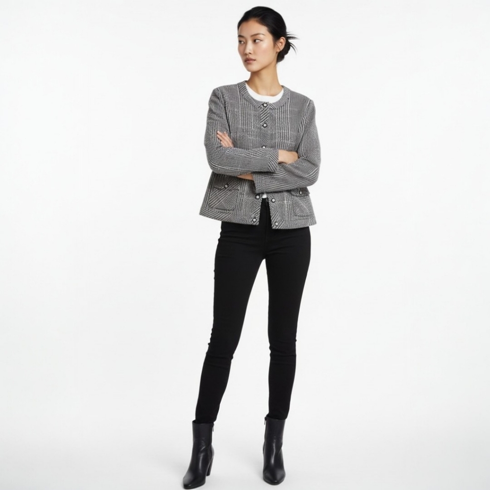 Karl Lagerfeld Paris Women's Cropped Plaid Check Blazer Boxy Classic Fit sz XL